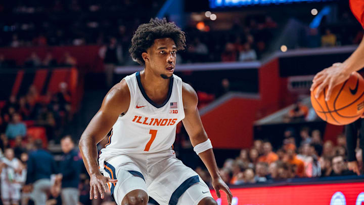 Illinois freshman guard Brandon Lee defends in the Illini's 92-65 exhibition win over Illinois State on Sunday at the State Farm Center in Champaign, Illinois.