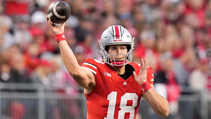 Sep 7, 2024; Columbus, Ohio, USA; Ohio State Buckeyes quarterback Will Howard (18) throws during the first half of the NCAA football game against the Western Michigan Broncos at Ohio Stadium. Sep 7, 2024; Columbus, Ohio, USA; Ohio State Buckeyes quarterback Will Howard (18) throws during the first half of the NCAA football game against the Western Michigan Broncos at Ohio Stadium.