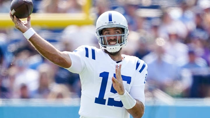 Indianapolis Colts quarterback Joe Flacco (15) throws against the Tennessee Titans during the first quarter at Nissan Stadium in Nashville, Tenn., Sunday, Oct. 13, 2024.