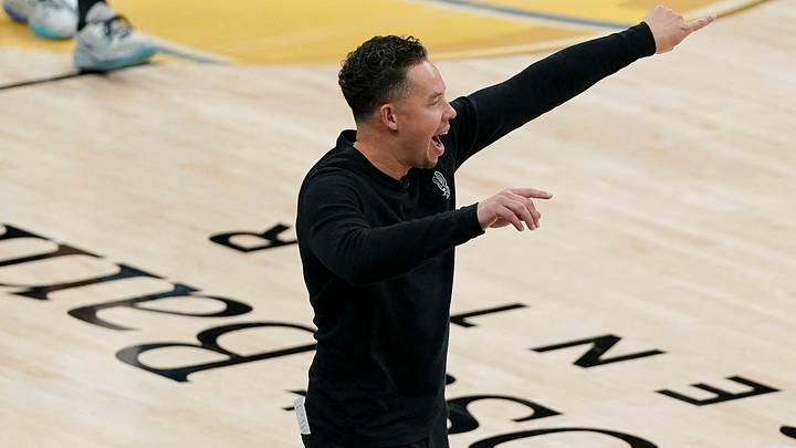 Jun 13, 2026; San Antonio, Texas, USA; San Antonio Spurs head coach Mitch Johnson motions to his team during game five of the 2026 NBA Finals at Frost Bank Center. Mandatory Credit: Dustin Safranek-Imagn Images