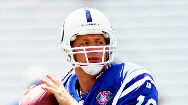 Sep 11, 1994; Tampa, FL, USA; Indianapolis Colts quarterback Browning Nagle (18) warms up on the field prior to a game against the Tampa Bay Buccaneers at Tampa Stadium. Mandatory Credit: Michael C. Hebert-USA TODAY NETWORK