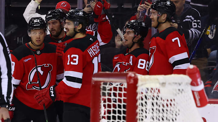 Nov 21, 2024; Newark, New Jersey, USA; New Jersey Devils right wing Stefan Noesen (11) celebrates a goal against the Carolina Hurricanes during the second period at Prudential Center. Mandatory Credit: Ed Mulholland-Imagn Images