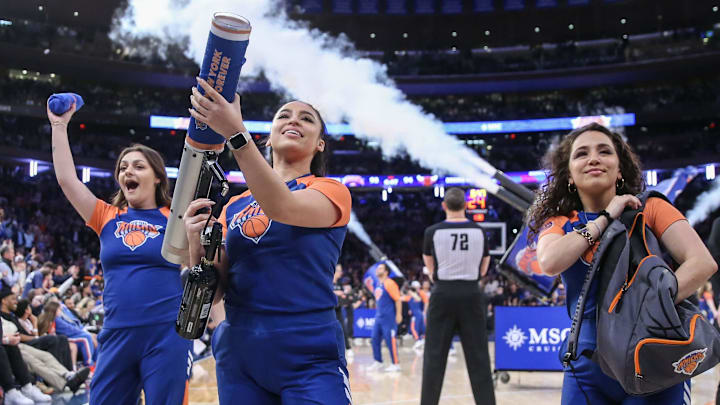 Apr 14, 2024; New York, New York, USA;  Members of the New York Knicks hype squad launch tee shirts