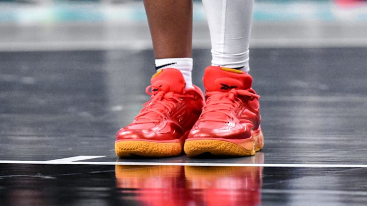 Jun 1, 2025; Brooklyn, New York, USA; General view of basketball shoes worn by Connecticut Sun forward Aneesah Morrow (24) during the second half against the New York Liberty at Barclays Center. Mandatory Credit: John Jones-Imagn Images Jun 1, 2025; Brooklyn, New York, USA; General view of basketball shoes worn by Connecticut Sun forward Aneesah Morrow (24) during the second half against the New York Liberty at Barclays Center. Mandatory Credit: John Jones-Imagn Images