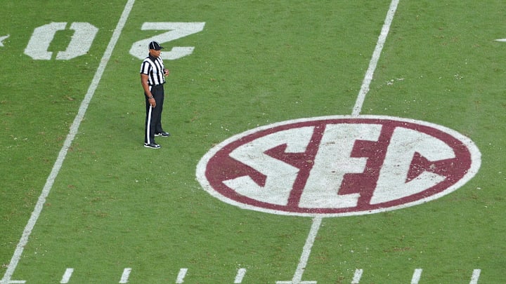 Oct 10, 2015; Starkville, MS, USA; The SEC logo on the field as the Mississippi State Bulldogs hosted the Troy Trojans at Davis Wade Stadium. Mississippi State won 17 - 45. Mandatory Credit: Matt Bush-Imagn Images