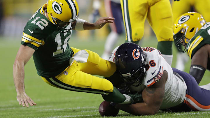 Aaron Rodgers loses the football when sacked by Akiem Hicks in 2018, the last season the Bears went from worst to first.