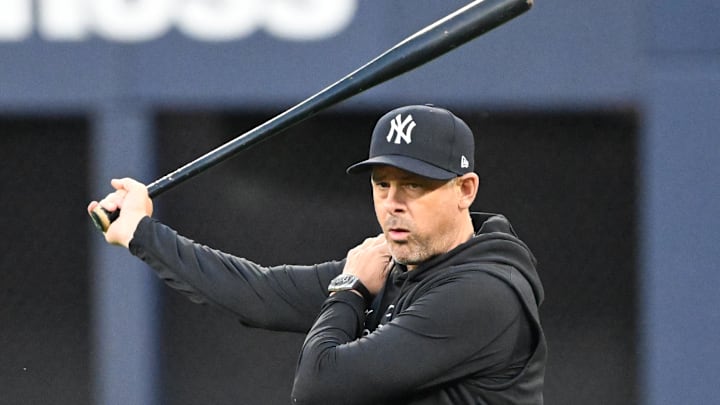 Oct 3, 2025; Toronto, Ontario, Canada; New York Yankees manager Aaron Boone (17) watches his players during workouts at Rogers Centre. Mandatory Credit: Dan Hamilton-Imagn Images Oct 3, 2025; Toronto, Ontario, Canada; New York Yankees manager Aaron Boone (17) watches his players during workouts at Rogers Centre. Mandatory Credit: Dan Hamilton-Imagn Images