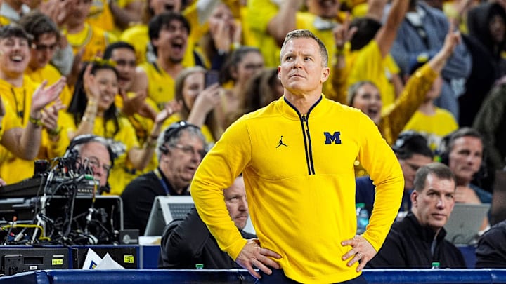 Michigan head coach Dusty May looks on after a play against Michigan State during the second half at Crisler Center in Ann Arbor on Sunday, March 8, 2026.
