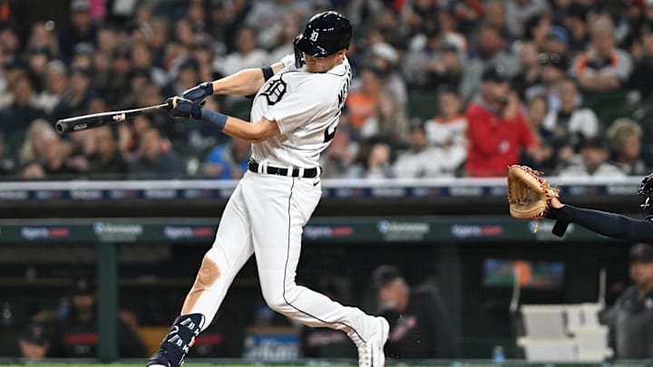 Detroit Tigers center fielder Parker Meadows (22) collects a base hit during a 2023 game.