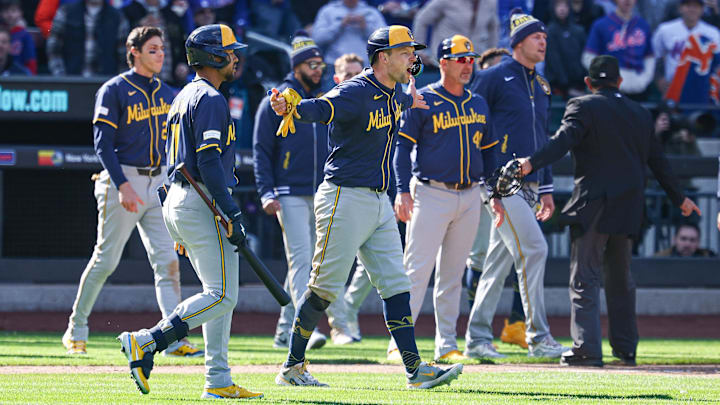 Mar 29, 2024; New York City, New York, USA; Milwaukee Brewers first baseman Rhys Hoskins (12) reacts