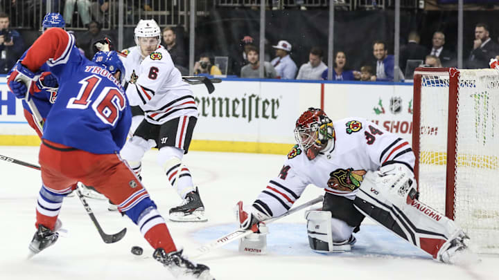 Dec 3, 2022; New York, New York, USA;  Chicago Blackhawks goaltender Petr Mrazek (34) prepares to