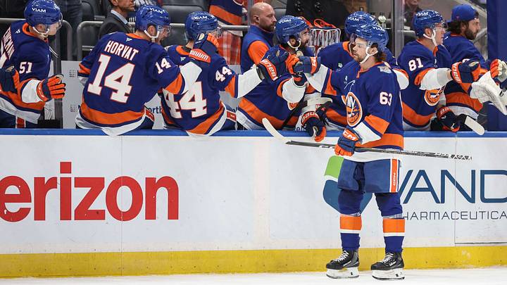 Oct 13, 2026; Elmont, New York, USA; New York Islanders left wing Matias MacCelli (63) celebrates with his teammates after scoring a goal in the first period against the Vancouver Canucks at UBS Arena. Mandatory Credit: Wendell Cruz-Imagn Images Oct 13, 2026; Elmont, New York, USA; New York Islanders left wing Matias MacCelli (63) celebrates with his teammates after scoring a goal in the first period against the Vancouver Canucks at UBS Arena. Mandatory Credit: Wendell Cruz-Imagn Images
