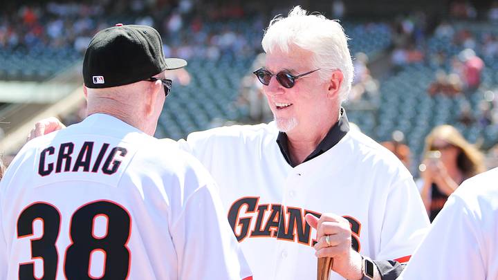 San Francisco Giants former manager Roger Craig and pitcher Mike Krukow hug. Credit: Sergio Estrada-USA TODAY Sports San Francisco Giants former manager Roger Craig and pitcher Mike Krukow hug. Credit: Sergio Estrada-USA TODAY Sports