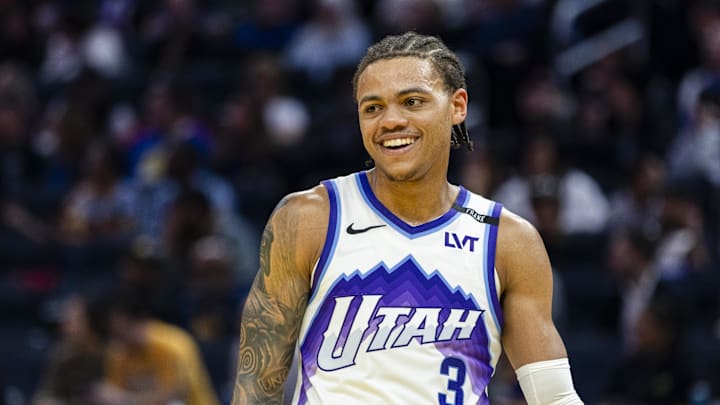 Jan 3, 2026; San Francisco, California, USA;  Utah Jazz guard Keyonte George (3) reacts during the second quarter against the Golden State Warriors at Chase Center. Mandatory Credit: John Hefti-Imagn Images