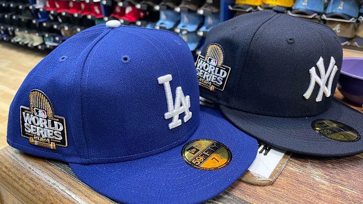 Lids, inside the Mall of Victor Valley, received a fresh shipment of Los Angeles Dodgers and New York Yankees hats with World Series patches on Wednesday, Oct. 23, 2024.