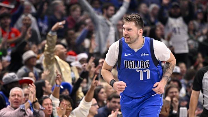 Dec 25, 2024; Dallas, Texas, USA; Dallas Mavericks guard Luka Doncic (77) celebrates after making a basket against the Minnesota Timberwolves during the first quarter at the American Airlines Center. Mandatory Credit: Jerome Miron-Imagn Images