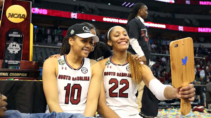 South Carolina basketball stars Allisha Gray and A'ja Wilson celebrating after the 2016-2017 National Championship