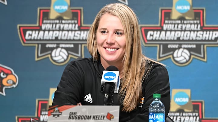 Louisville head coach Dani Busboom Kelly answers questions the day before the 2022 national championship match in Omaha.