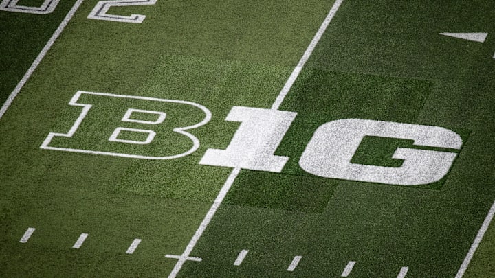 A patchwork of turf surrounds the Big Ten logo where it replaced the Pac-12 logo on the field at Autzen Stadium Saturday, Aug. 31, 2024 in Eugene, Ore.
