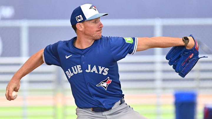 Feb 20, 2025; Dunedin, FL, USA; Toronto Blue Jays pitcher Chris Bassitt (40) throws the ball during spring training  at Cecil B. Englebert Complex.  Mandatory Credit: Jonathan Dyer-Imagn Images