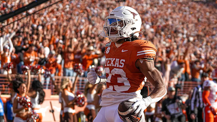 Texas Longhorns running back Jaydon Blue (23) celebrates a touchdown during the game against Clemson in the first round of the College Football Playoffs at Darrell K Royal-Texas Memorial Stadium on Saturday, Dec. 21, 2024.