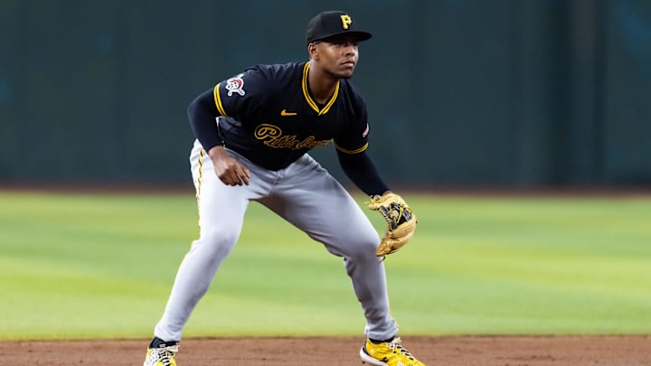 May 27, 2025; Phoenix, Arizona, USA; Pittsburgh Pirates third baseman Ke'Bryan Hayes against the Arizona Diamondbacks at Chase Field. Mandatory Credit: Mark J. Rebilas-Imagn Images