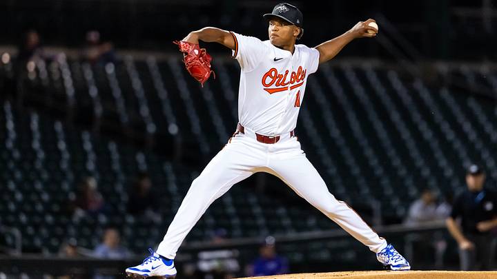Nov 9, 2025; Mesa, AZ, USA; Baltimore Orioles pitcher Luis De Leon during the Arizona Fall League Fall Stars Game at Sloan Park. Mandatory Credit: Mark J. Rebilas-Imagn Images