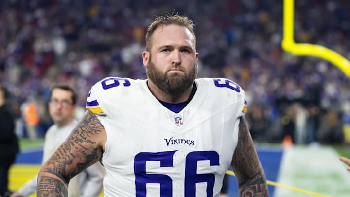 Jan 13, 2025; Glendale, AZ, USA; Minnesota Vikings guard Dalton Risner (66) against the Los Angeles Rams during an NFC wild card game at State Farm Stadium. Mandatory Credit: Mark J. Rebilas-Imagn Images