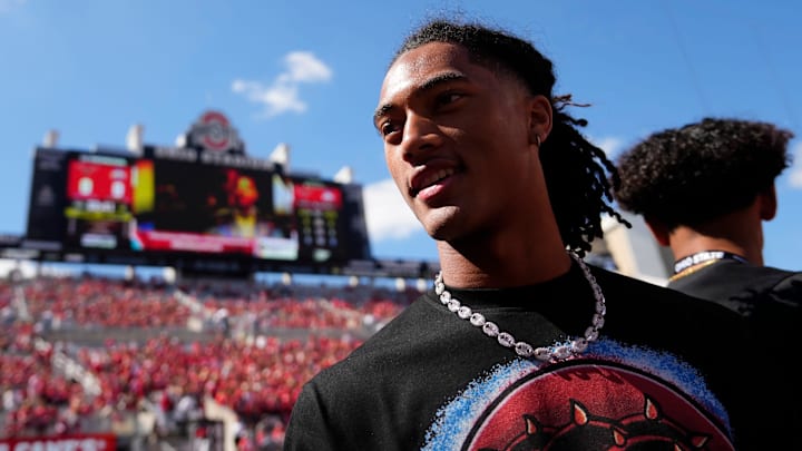 Ohio State Buckeyes commit Chris Henry Jr. of Mater Dei High School in California walks across the sideline prior to the NCAA football game between the Ohio State Buckeyes and the Texas Longhorns at Ohio Stadium on Aug. 30, 2025.