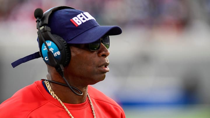 Jackson State Coach Deion Sanders looks towards the field during the Southern Heritage Classic