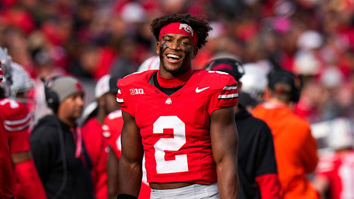 Ohio State safety Caleb Downs smiles during a game against Purdue.