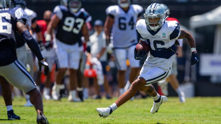 Oxnard, CA, USA; Dallas Cowboys wide receiver Jalen Moreno-Cropper (16) runs during training camp at Marriott Residence Inn-River Ridge playing fields. Oxnard, CA, USA; Dallas Cowboys wide receiver Jalen Moreno-Cropper (16) runs during training camp at Marriott Residence Inn-River Ridge playing fields.