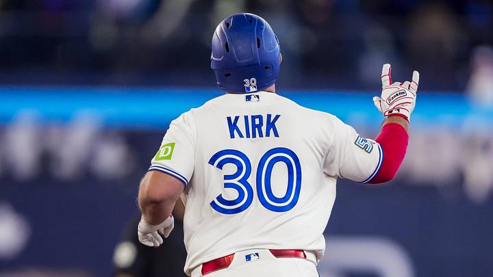 Mar 28, 2026; Toronto, Ontario, CAN; Toronto Blue Jays catcher Alejandro Kirk (30) celebrates hitting a home run against the Athletics during the ninth inning at Rogers Centre. Mar 28, 2026; Toronto, Ontario, CAN; Toronto Blue Jays catcher Alejandro Kirk (30) celebrates hitting a home run against the Athletics during the ninth inning at Rogers Centre.