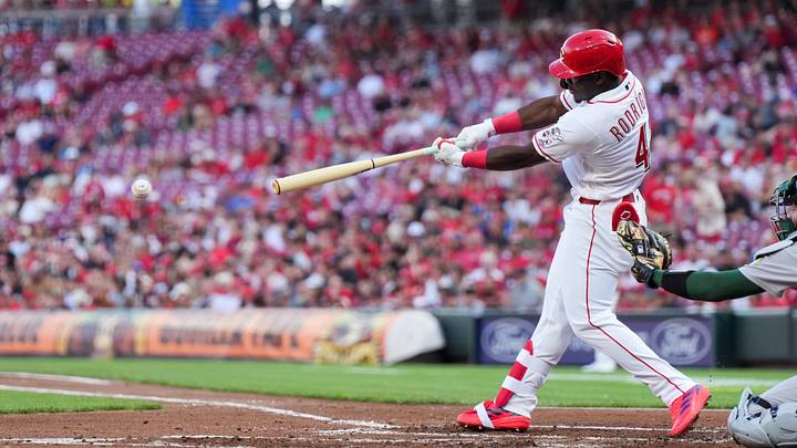 Aug 4, 2026; Cincinnati, Ohio, USA; Cincinnati Reds outfielder Hector Rodriguez grounds out in his first major league at-bat , during the game against the Athletics in the second inning at Great American Ball Park. Mandatory Credit: Aaron Doster-Imagn Images Aug 4, 2026; Cincinnati, Ohio, USA; Cincinnati Reds outfielder Hector Rodriguez grounds out in his first major league at-bat , during the game against the Athletics in the second inning at Great American Ball Park. Mandatory Credit: Aaron Doster-Imagn Images