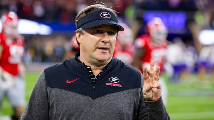 Jan 9, 2023; Inglewood, CA, USA; Georgia Bulldogs head coach Kirby Smart holds up three fingers against the TCU Horned Frogs during the CFP national championship game at SoFi Stadium. Mandatory Credit: Mark J. Rebilas-USA TODAY Sports