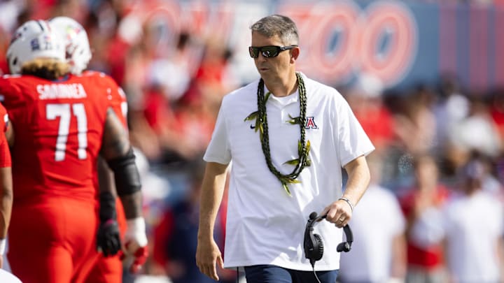 Oct 19, 2024; Tucson, Arizona, USA; Arizona Wildcats head coach Brent Brennan against the Colorado Buffalos at Arizona Stadium. Mandatory Credit: Mark J. Rebilas-Imagn Images