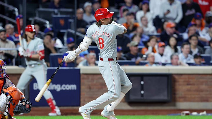Philadelphia Phillies outfielder Nick Castellanos hits an RBI single in the eighth inning against the New York Mets during Game 3 of the NLDS at Citi Field. 