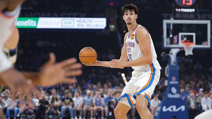 Oct 7, 2026; Oklahoma City, Oklahoma, USA;  Oklahoma City Thunder center Aday Mara (15) looks to pass against the Milwaukee Bucks during the first half of a preseason game at Paycom Center. Mandatory Credit: Alonzo Adams-Imagn Images