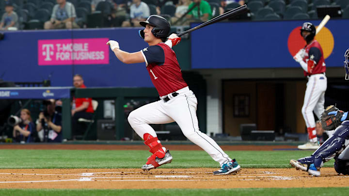 American League infielder Cole Young singles during the MLB All-Star Futures Game on July 13, 2024, at Globe Life Field.