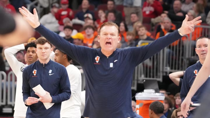 Mar 13, 2026; Chicago, IL, USA; Illinois Fighting Illini head coach Brad Underwood gestures to refs against the Wisconsin Badgers during the second half at United Center. Mandatory Credit: David Banks-Imagn Images