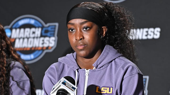 Mar 27, 2025; Spokane, WA, USA; LSU Lady Tigers guard Flau'Jae Johnson talks with media during an NCAA Tournament practice session at Spokane Arena. Mandatory Credit: James Snook-Imagn Images