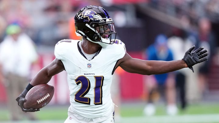 Oct 29, 2023; Glendale, Arizona, USA; Baltimore Ravens cornerback Brandon Stephens (21) celebrates an interception against the Arizona Cardinals during the first half at State Farm Stadium. Mandatory Credit: Joe Camporeale-USA TODAY Sports Oct 29, 2023; Glendale, Arizona, USA; Baltimore Ravens cornerback Brandon Stephens (21) celebrates an interception against the Arizona Cardinals during the first half at State Farm Stadium. Mandatory Credit: Joe Camporeale-USA TODAY Sports