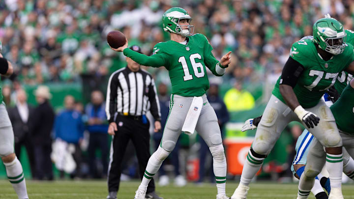 Dec 29, 2024; Philadelphia, Pennsylvania, USA; Philadelphia Eagles quarterback Tanner McKee (16) passes the ball during the third quarter against the Dallas Cowboys at Lincoln Financial Field. Mandatory Credit: Bill Streicher-Imagn Images