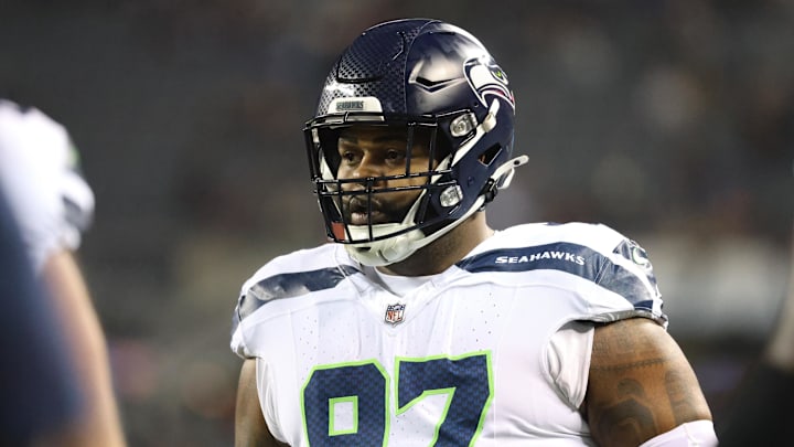 Dec 26, 2024; Chicago, Illinois, USA; Seattle Seahawks defensive tackle Johnathan Hankins (97) warms up before a game against the Chicago Bears at Soldier Field.