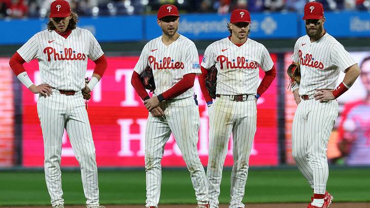 Sep 26, 2026; Philadelphia, Pennsylvania, USA; From right to left Bryce Harper and Bryson Stott and Trea Turner and Alec Bohm look on during a pitching change during the fifth inning against the Tampa Bay Rays at Citizens Bank Park. Mandatory Credit: Bill Streicher-Imagn Images Sep 26, 2026; Philadelphia, Pennsylvania, USA; From right to left Bryce Harper and Bryson Stott and Trea Turner and Alec Bohm look on during a pitching change during the fifth inning against the Tampa Bay Rays at Citizens Bank Park. Mandatory Credit: Bill Streicher-Imagn Images