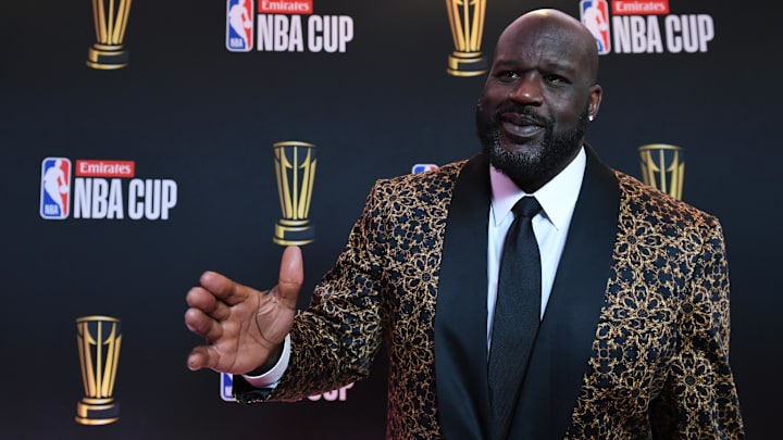 Dec 14, 2024; Las Vegas, NV, USA; Shaquille O'Neal arrives on the red carpet before the Emirates NBA Cup semifinal game at T-Mobile Arena. Mandatory Credit: Candice Ward-Imagn Images