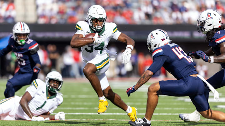 Nov 22, 2025; Tucson, Arizona, USA; Baylor Bears wide receiver Josh Cameron (34) against the Arizona Wildcats in the second half at Casino Del Sol Stadium. Mandatory Credit: Mark J. Rebilas-Imagn Images