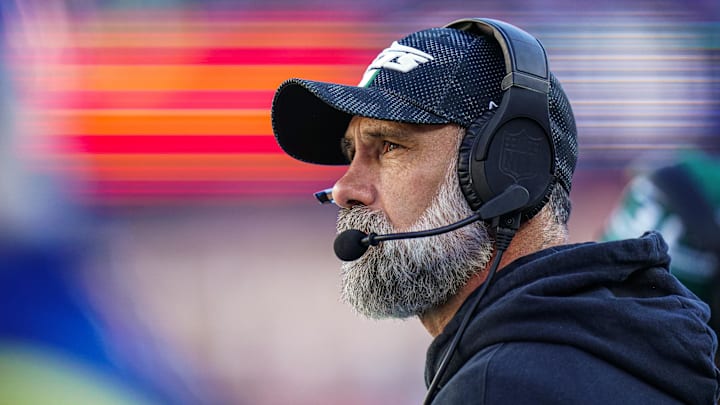 Oct 27, 2024; Foxborough, Massachusetts, USA; New York Jets interim head coach Jeff Ulbrich watches from the sideline as they take on the New England Patriots at Gillette Stadium. 
