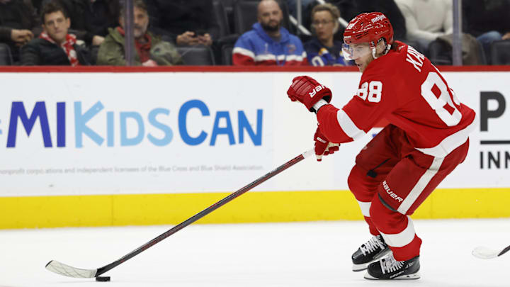 Dec 23, 2024; Detroit, Michigan, USA;  Detroit Red Wings right wing Patrick Kane (88) skates with the puck in the second period against the St. Louis Blues at Little Caesars Arena. Mandatory Credit: Rick Osentoski-Imagn Images