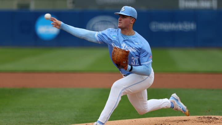 May 31, 2024; Santa Barbara, CA, USA; San Diego pitcher Josh Randall (32) pitches during the first inning of an NCAA Baseball Santa Barbara Regional between San Diego and Oregon at Caesar Uyesaka Stadium. 